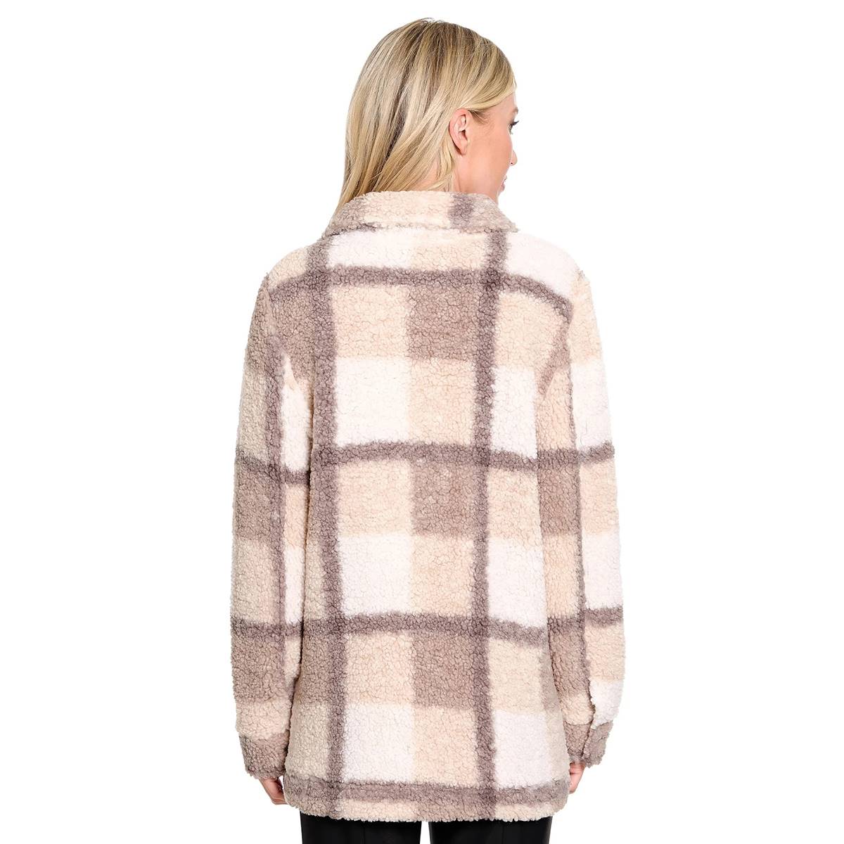 Womens Ali Miles Sherpa Long Sleeve Plaid Snap Button Shacket