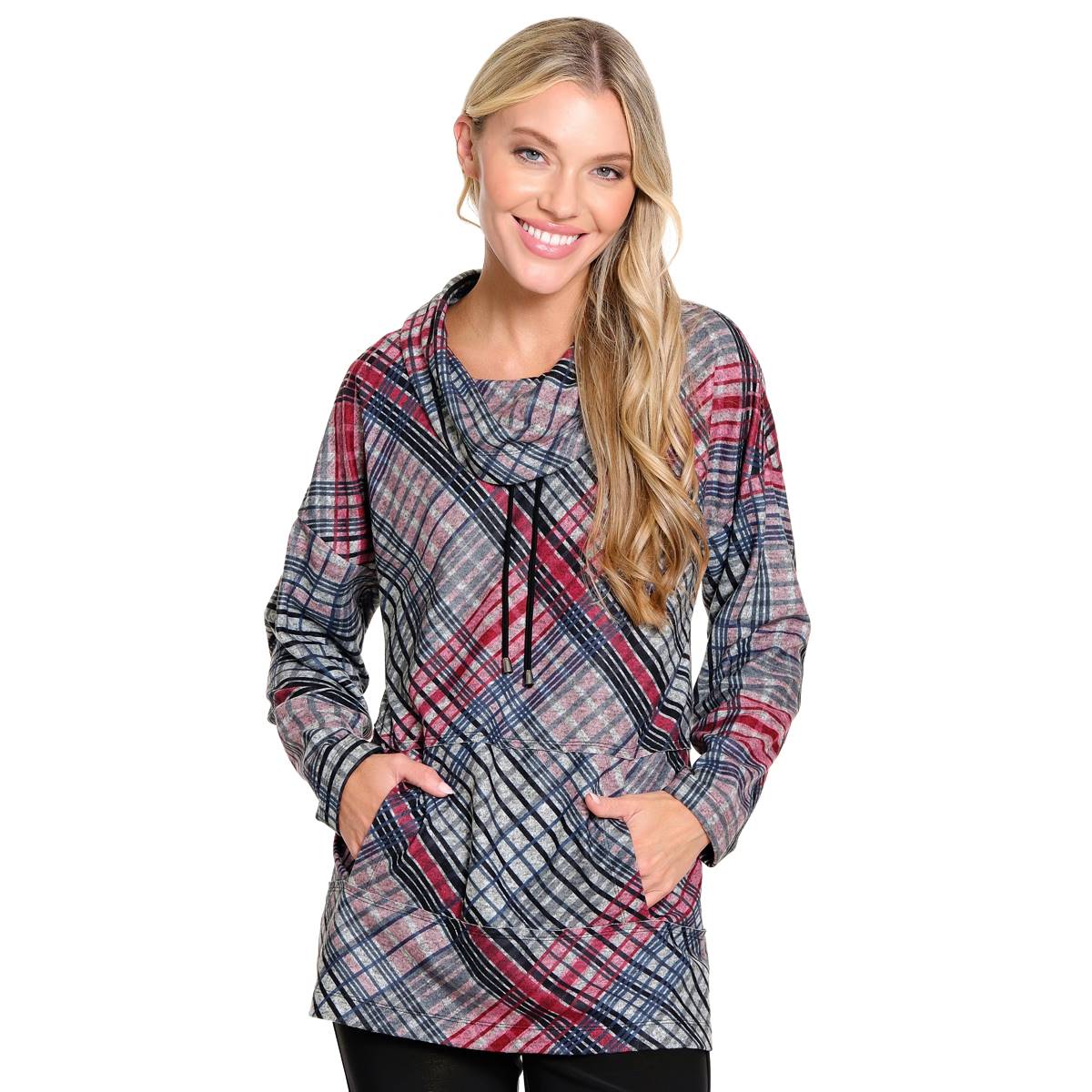 Womens Ali Miles Long Sleeve Drawcord Neck Plaid Tunic Top