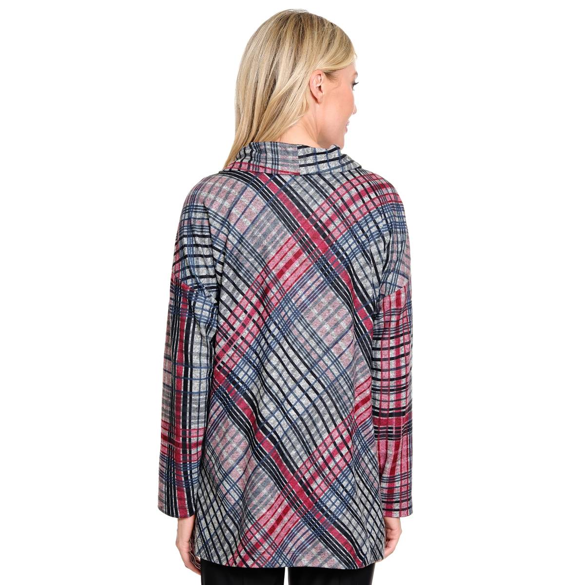 Womens Ali Miles Long Sleeve Drawcord Neck Plaid Tunic Top