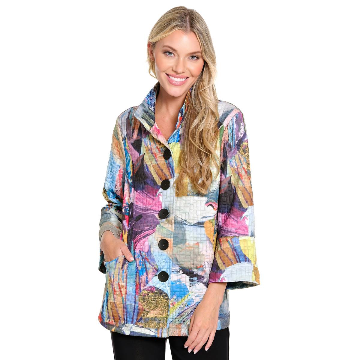 Womens Ali Miles 3/4 Sleeve Wide Cuff Colorful Abstract Jacket