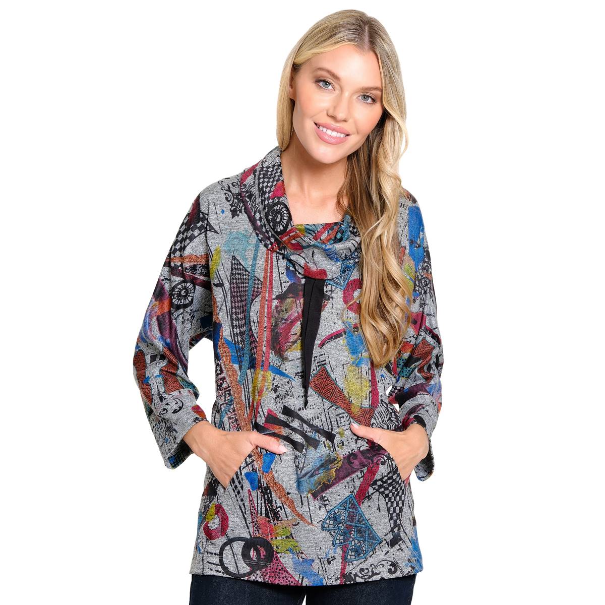 Womens Ali Miles 3/4 Sleeve Graffiti Cowl Neck Tunic Top