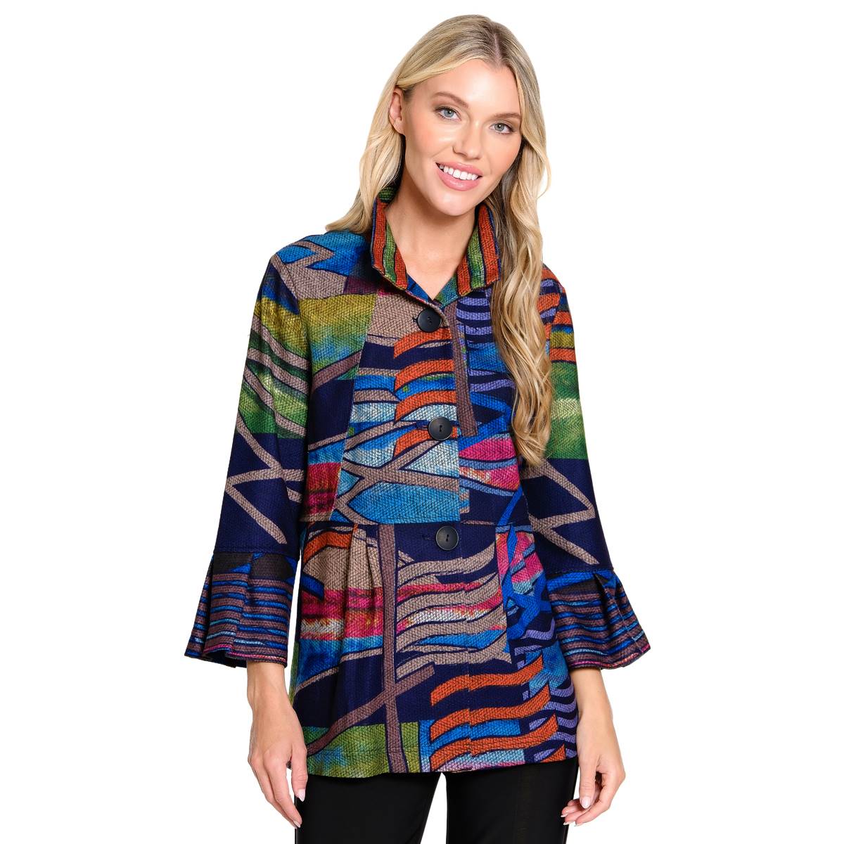 Womens Ali Miles 3/4 Bell Sleeve Abstract Button Front Jacket