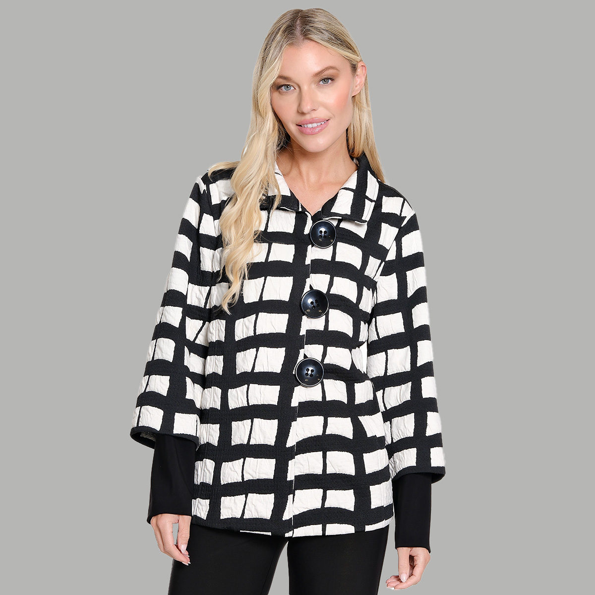 Plus Size Ali Miles Long Sleeve Textured Check Button Jacket