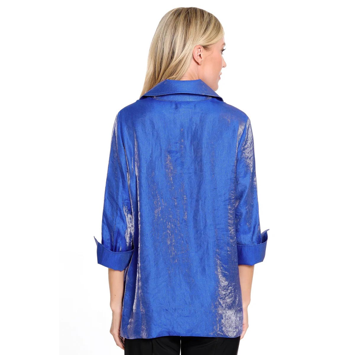 Womens Ali Miles 3/4 Sleeve Button Front Woven Shimmer Jacket