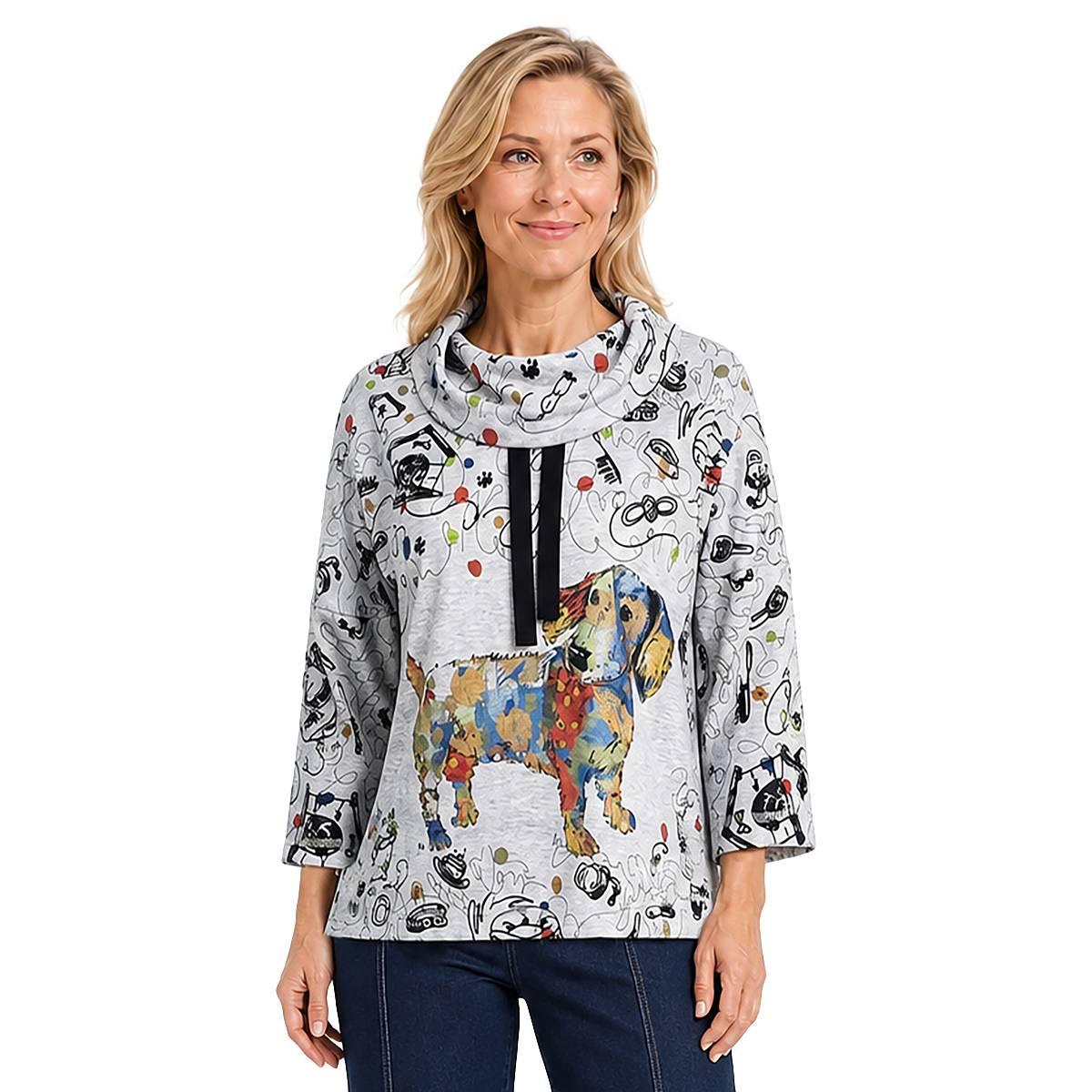 Plus Size Ali Miles Long Sleeve Cowl Neck Abstract Dog Pullover