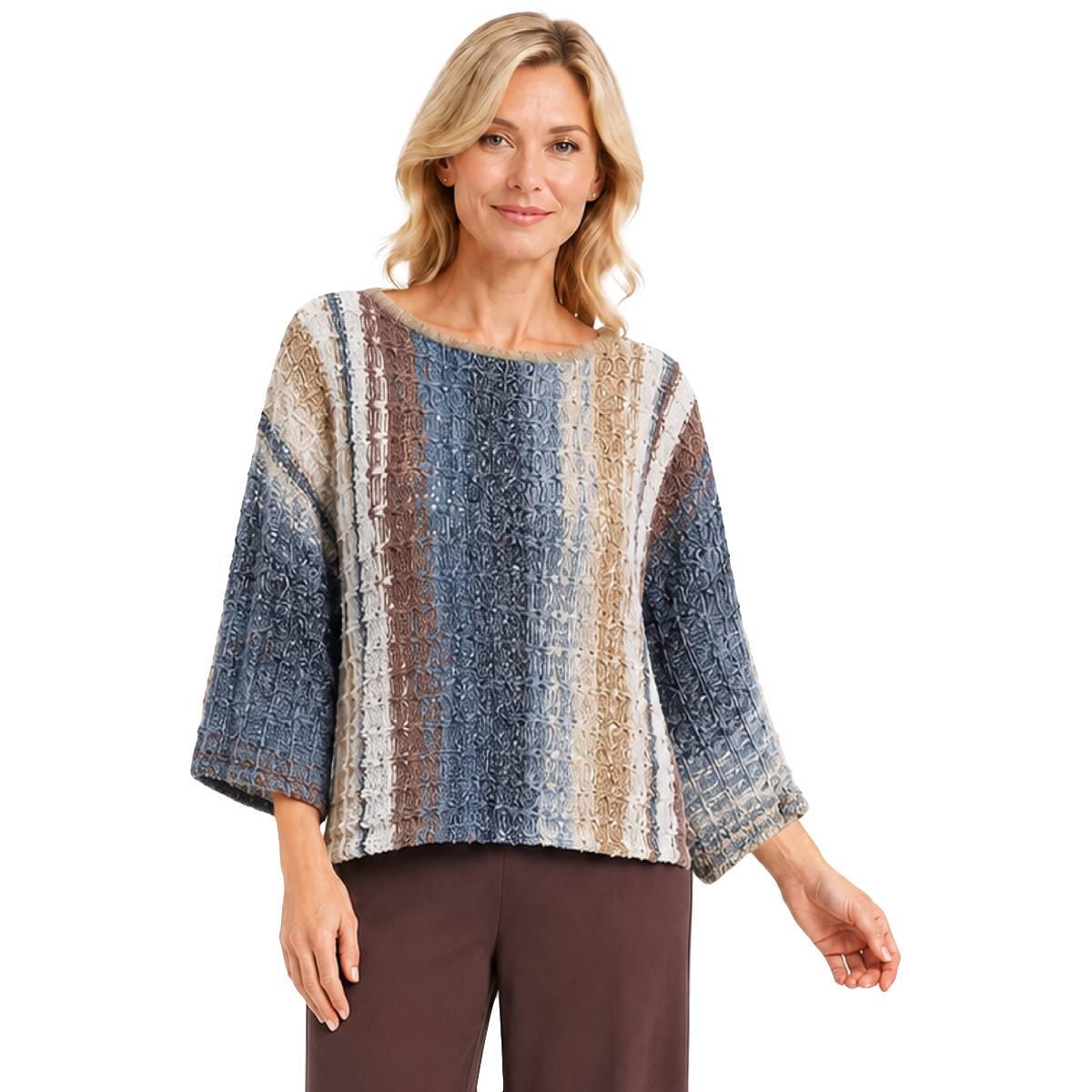 Plus Size Ali Miles 3/4 Sleeve Textured Vertical Stripe Sweater