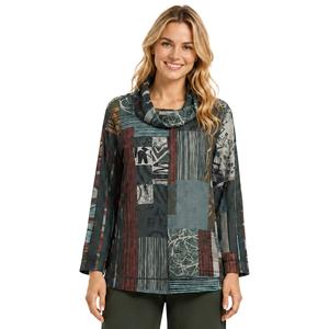 Womens Ali Miles Long Sleeve Cowl Neck Abtsract Patchwork Blouse