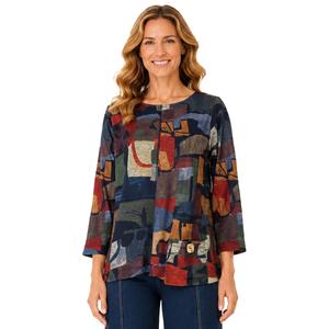Womens Ali Miles 3/4 Sleeve Round Neck Abstract Blouse