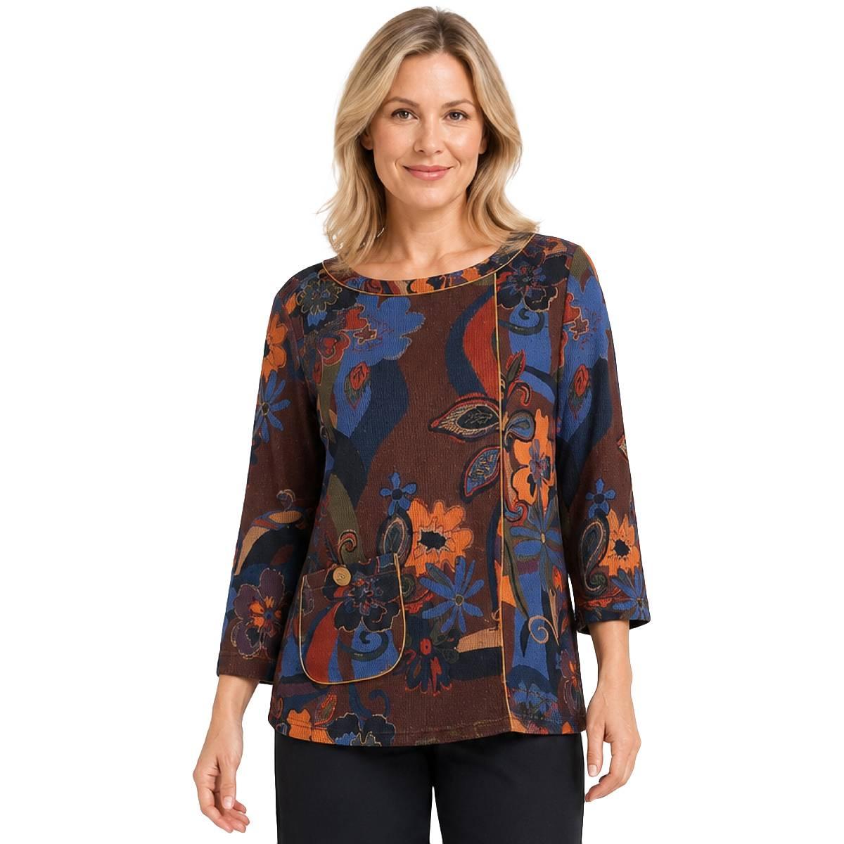 Plus Size Ali Miles 3/4 Sleeve Retro Floral Front Pocket Blouse