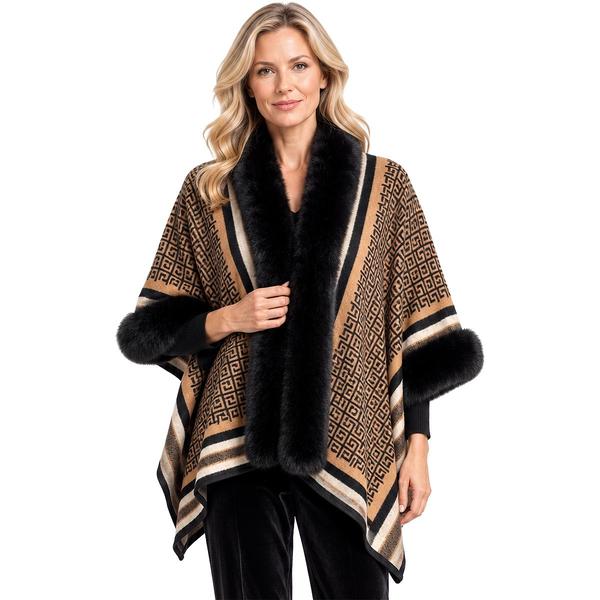 Womens Ali Miles 3/4 Sleeve Geometric Faux Fur Open Front Cape