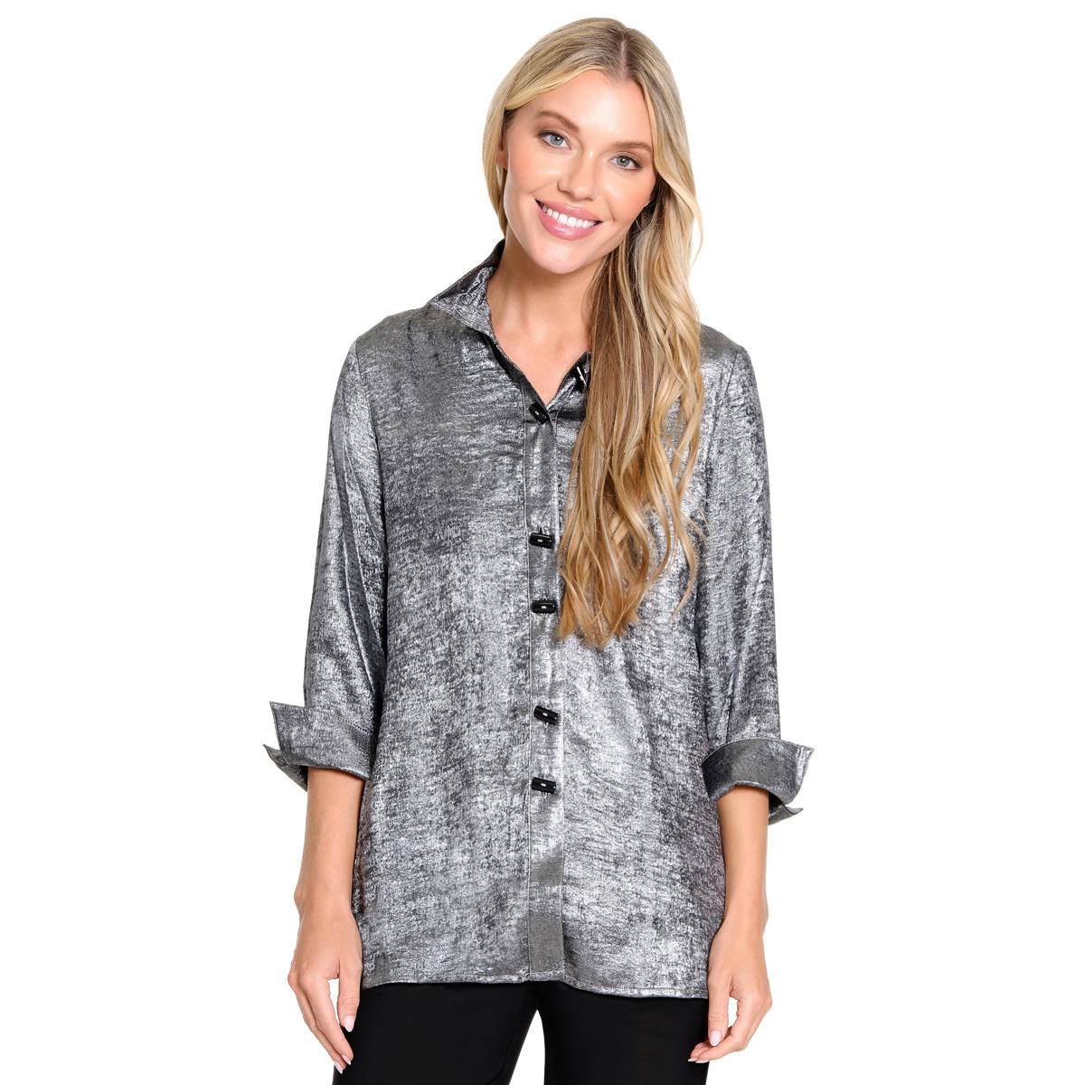 Womens Ali Miles 3/4 Sleeve Shimmer Tunic Casual Button Down