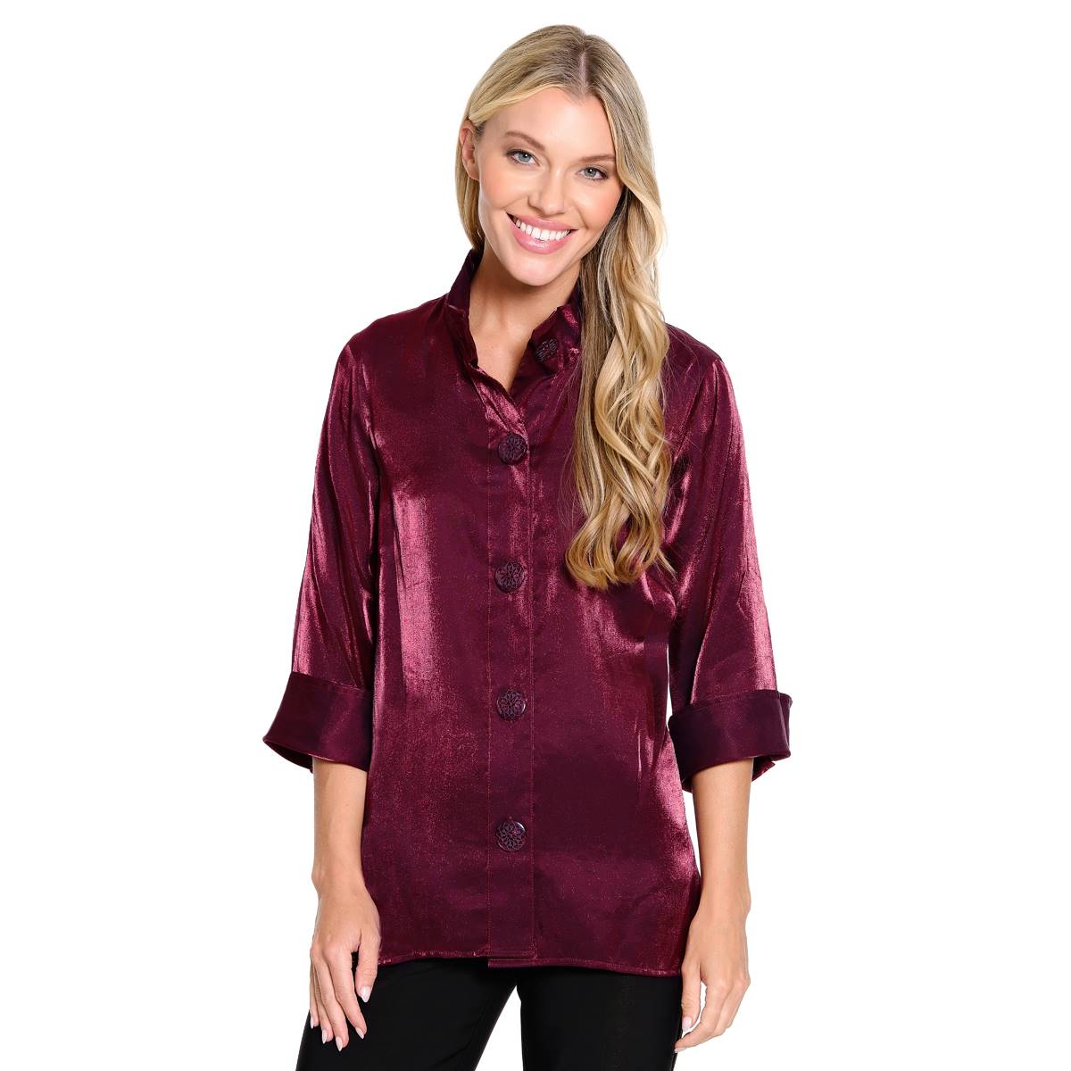 Womens Ali Miles 3/4 Sleeve Iridescent Button Down Tunic Blouse