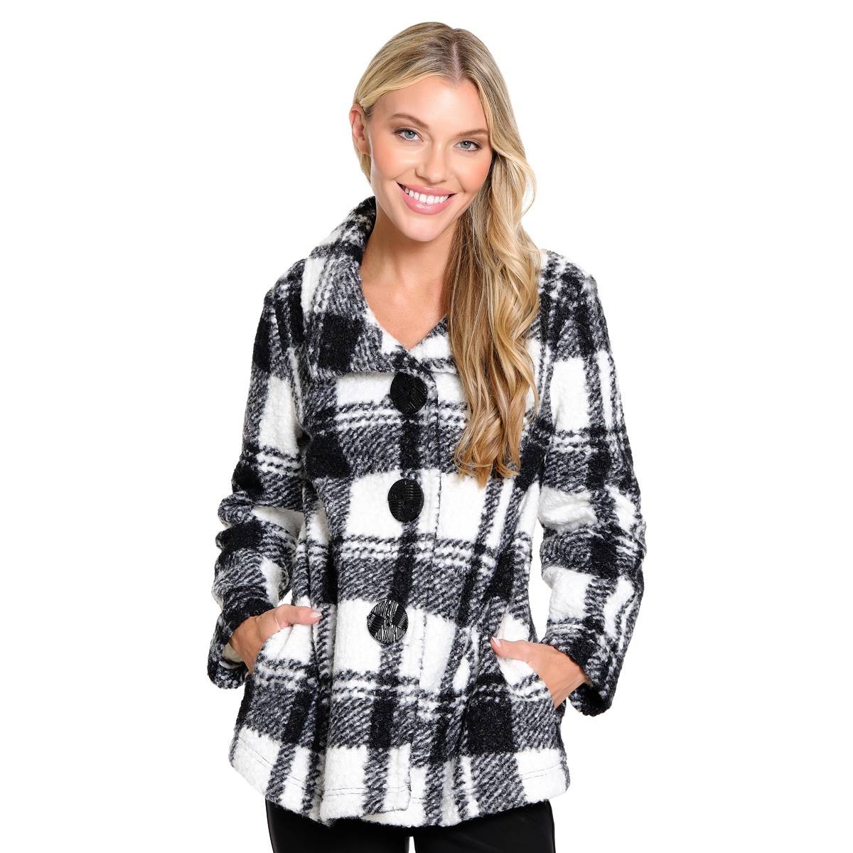 Plus Size Ali Miles 3/4 Sleeve Boucle Button Front Plaid Jacket