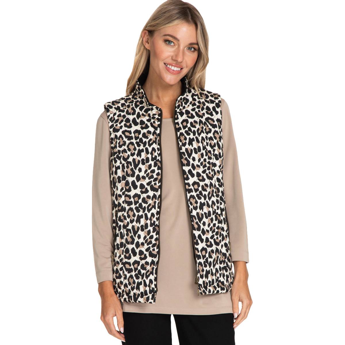 Womens Multiples Leopard Zip Front Puffer Vest
