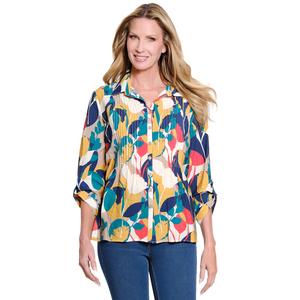 Womens Multiples Roll Tab Sleeve Pleat Front Circle Floral Blouse