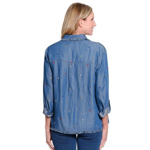 Petite Multiples Roll Tab Sleeve Button Front Denim Blouse alternate view