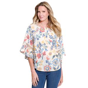 Womens Multiples 3/4 Flounce Sleeve Smock Neck Floral Blouse