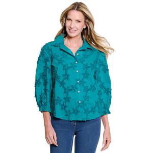 Womens Multiples 3/4 Sleeve Floral Embroidery Button Front Blouse