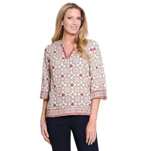Womens Multiples 3/4 Sleeve Split Neck Medallion Blouse