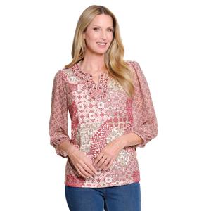 Womens Multiples 3/4 Sleeve Split Neck Patchwork Medallion Blouse