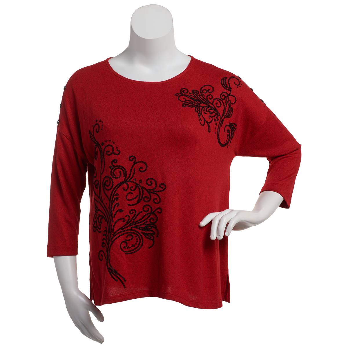 Womens Multiples 3/4 Sleeve Placed Sequin Scroll Tee