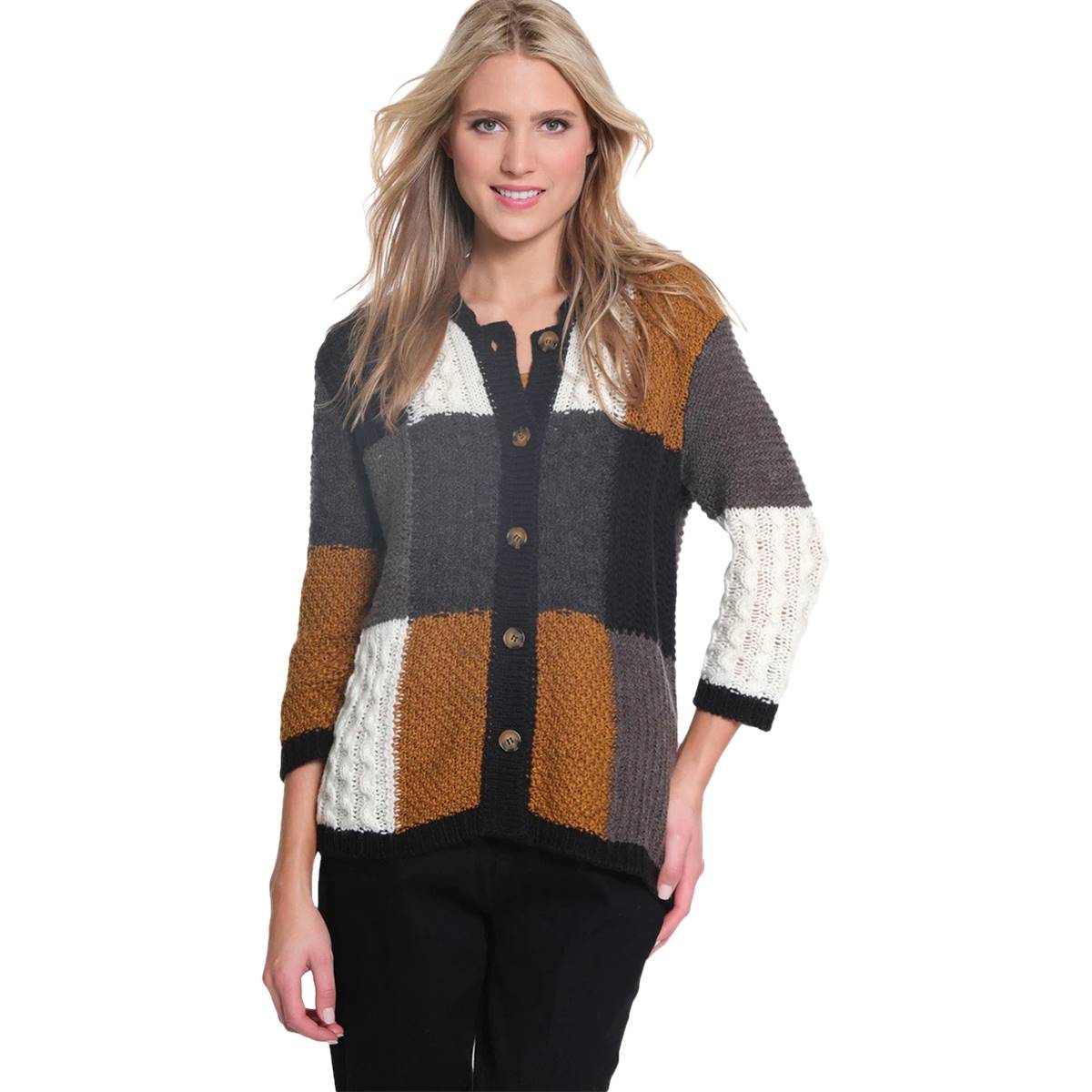 Womens Multiples 3/4 Sleeve Button Front Patchwork Cardigan