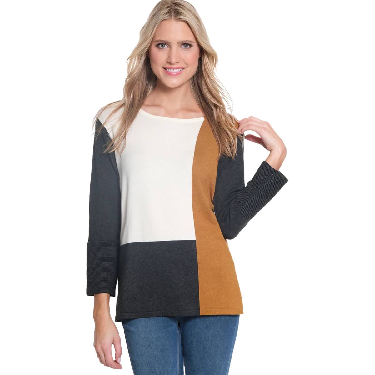 Womens Multiples 3/4 Sleeve Color Block Sweater