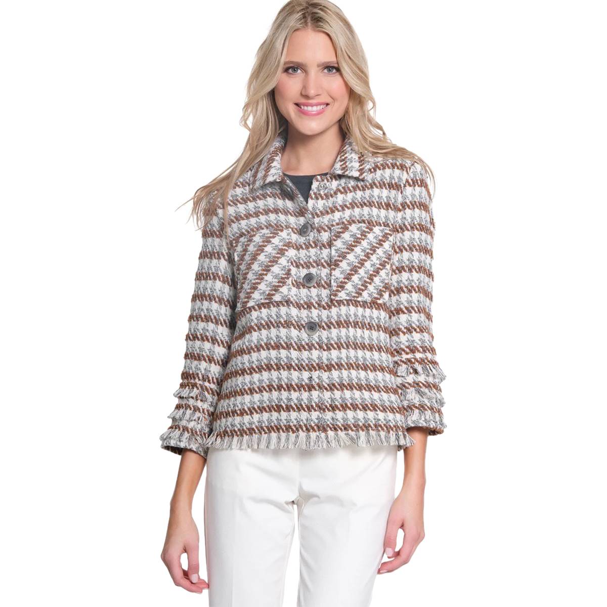 Womens Multiples 3/4 Fringe Trim Houndstooth Jacket