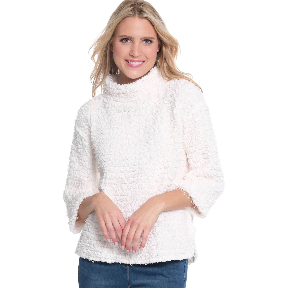 Womens Multiples 3/4 Sleeve Mock Neck Eyelash Sweater