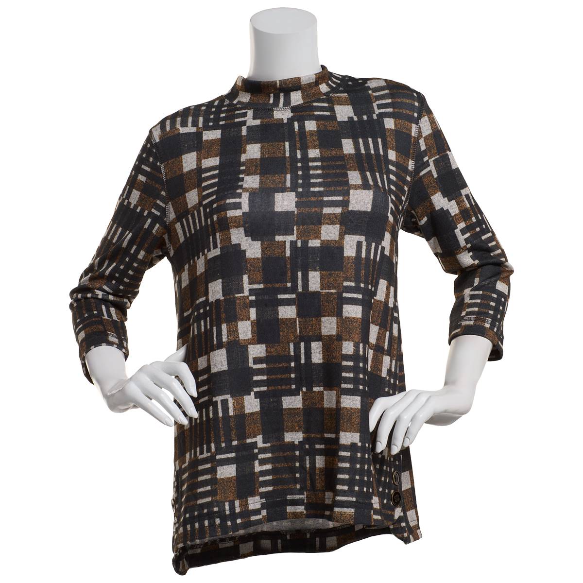 Womens Multiples Long Sleeve Checkered Button Hem Tunic Blouse