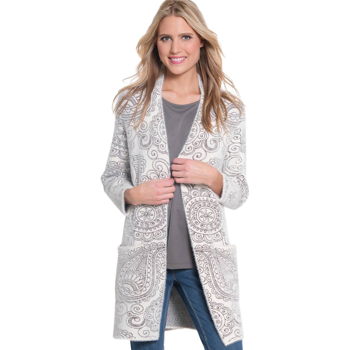 Womens Multiples 3/4 Sleeve Open Jacquard Paisley Cardigan