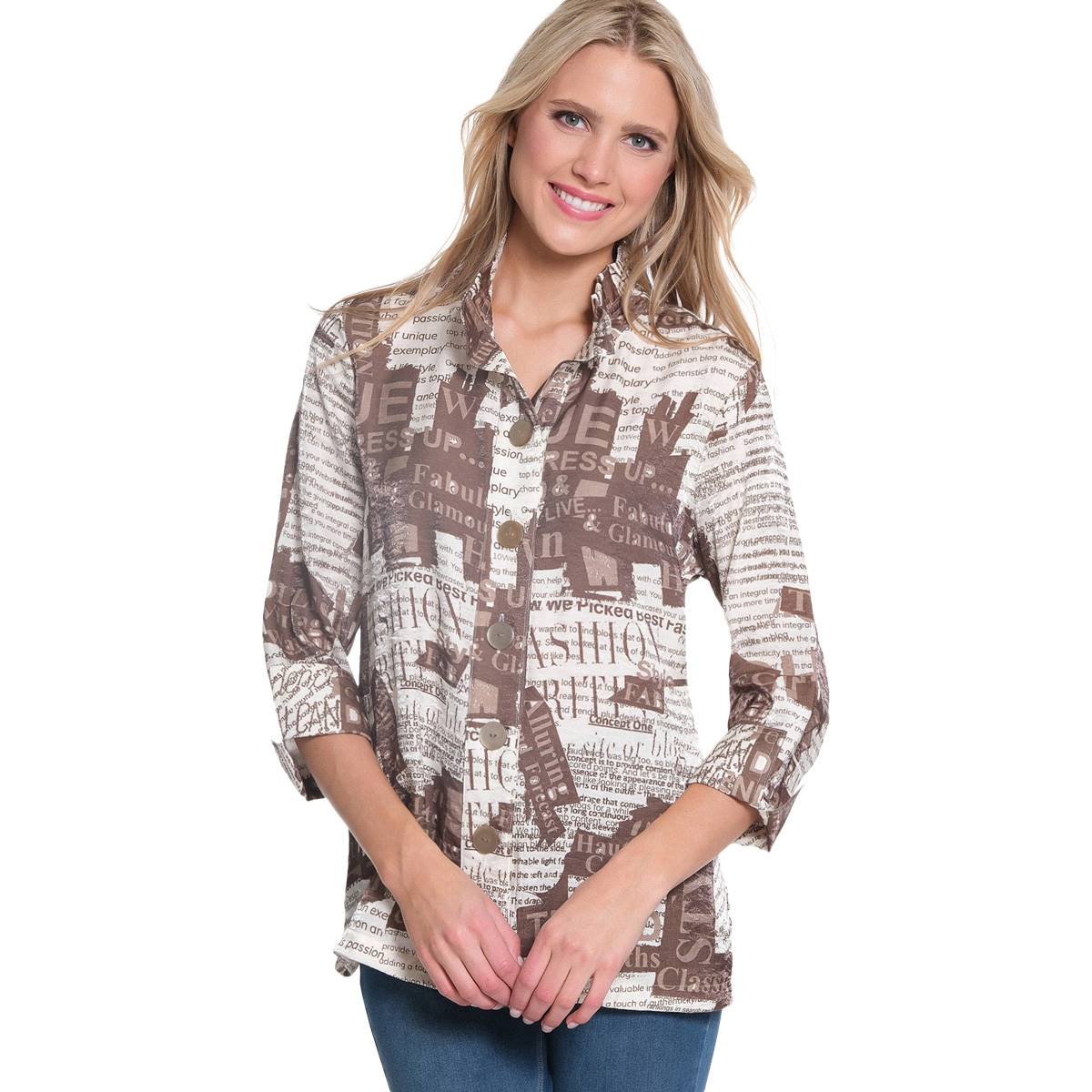 Womens Multiples Roll Sleeve Paper Casual Button Down Tunic