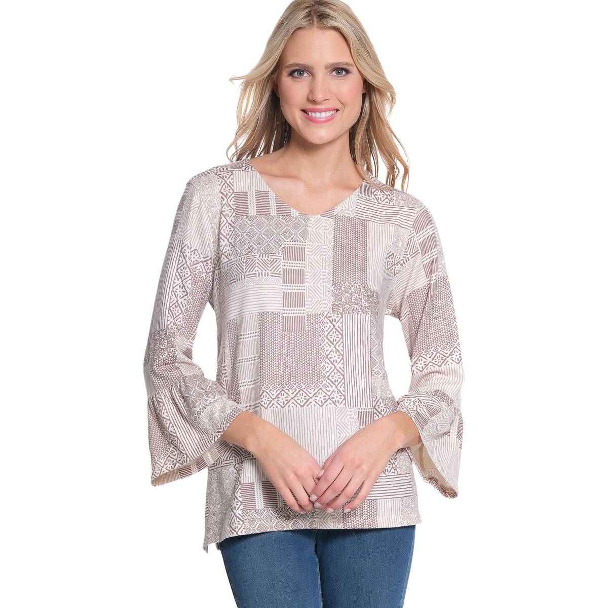 Womens Multiples 3/4 Flounce Sleeve Patchwork Hacci Tunic Tee