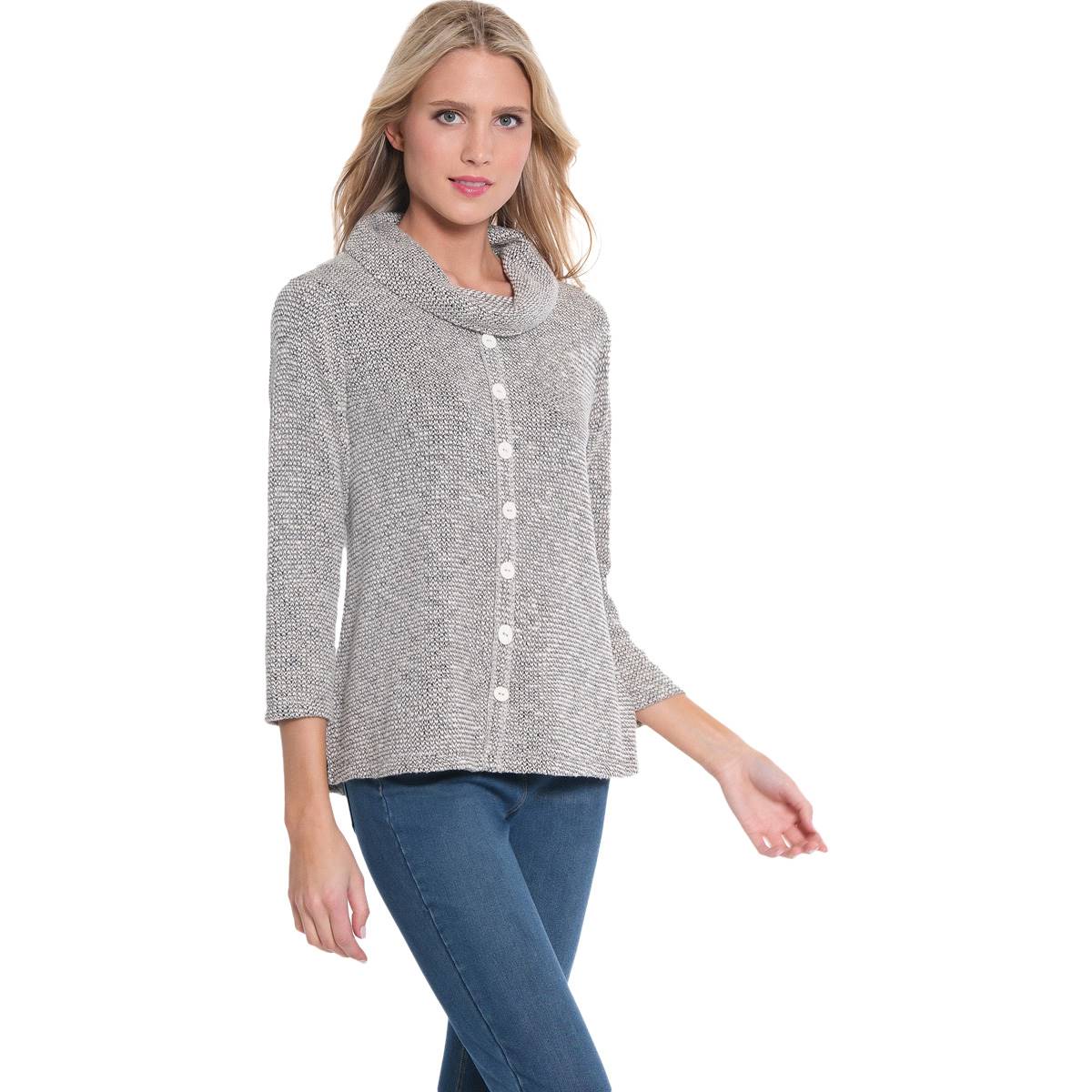 Womens Multiples 3/4 Sleeve Cowl Neck Button Front Top