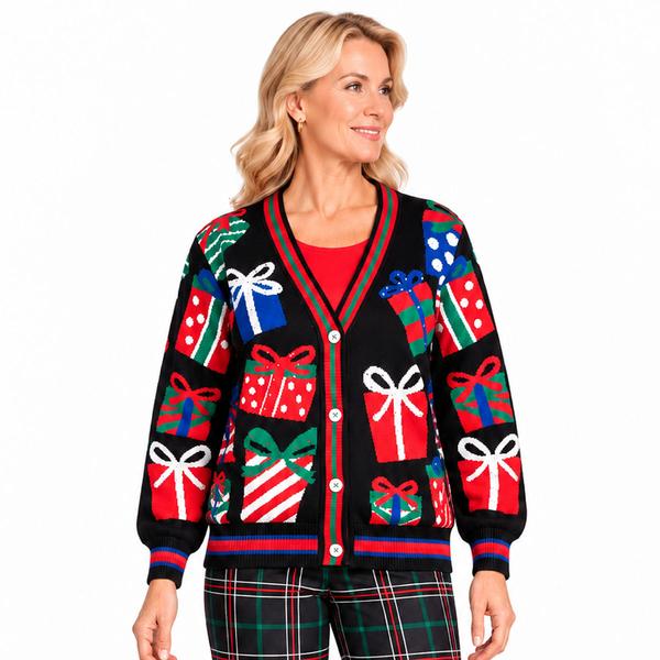 Womens Multiples Long Sleeve Holiday Presents Cardigan