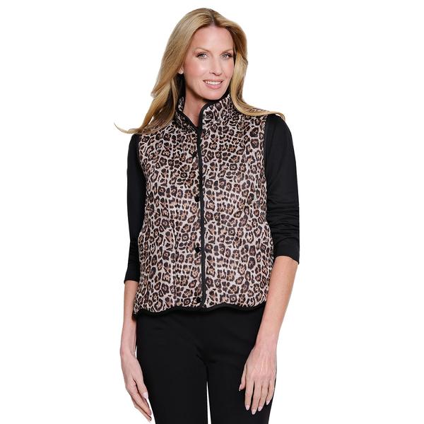 Womens Multiples Snap Front Quilted Leopard Scallop Hem Vest