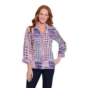 Womens Multiples Roll Sleeve Houndstooth Shimmer Blouse