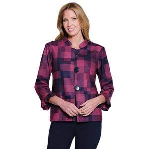 Womens Multiples 3/4 Ruffle Sleeve Big Button Plaid Blazer