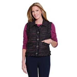 Womens Multiples Fringe Trim Collared Tweed Vest