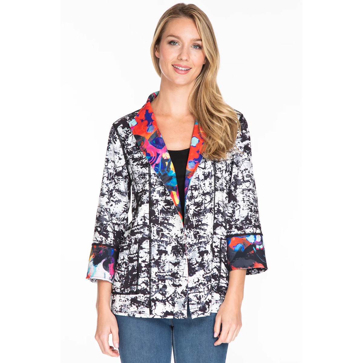 Womens Ali Miles 3/4 Sleeve Abstract Reversible Woven Jacket