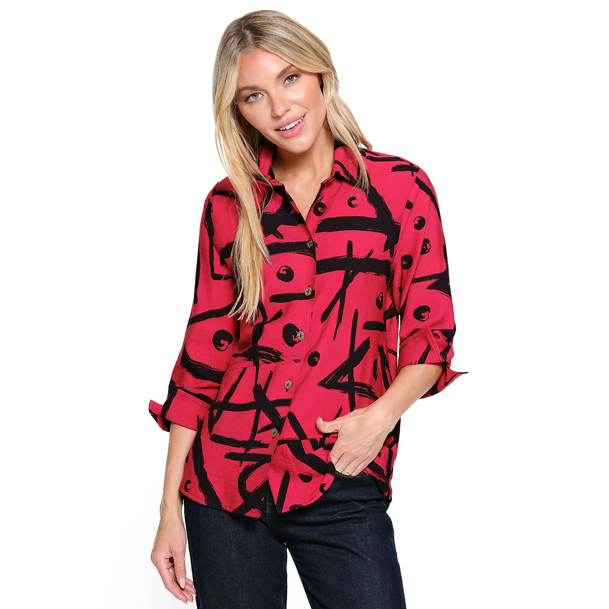 Petite Ali Miles 3/4 Sleeve Abstract Button Front Tunic Blouse