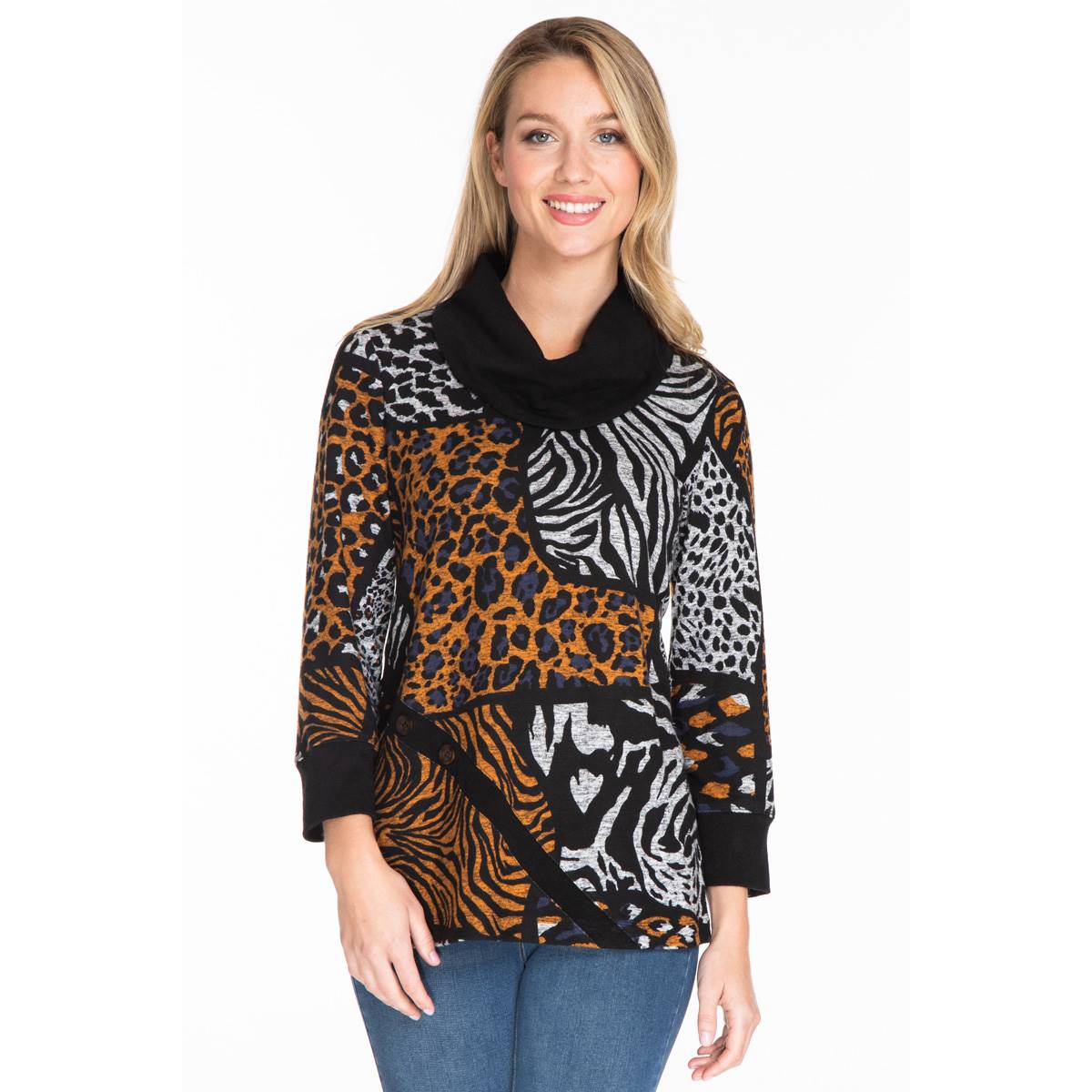 Womens Ali Miles Long Sleeve Patchwork Cowl Neck Tunic