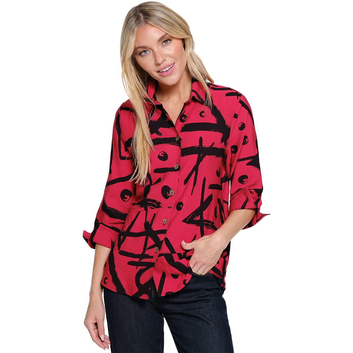 Plus Size Ali Miles 3/4 Sleeve Sketch Casual Button Down