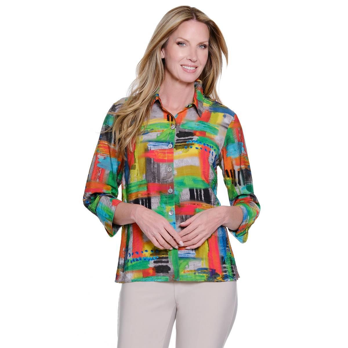 Plus Size Ali Miles 3/4 Sleeve Textured Abstract Blouse