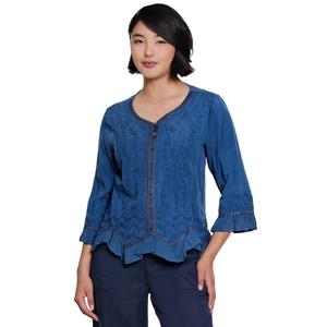 Plus Size Ali Miles 3/4 Sleeve Ruffle Detail Embroidery Blouse