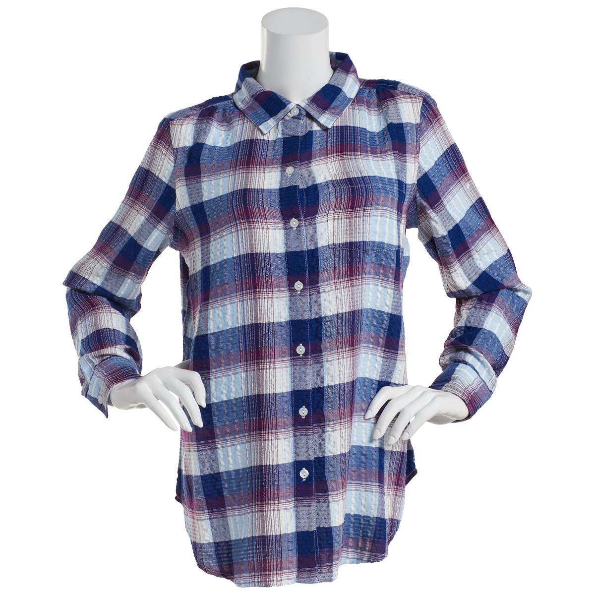 Womens Da-sh Plaid Navy Roll Tab Crinkle Casual Button Down