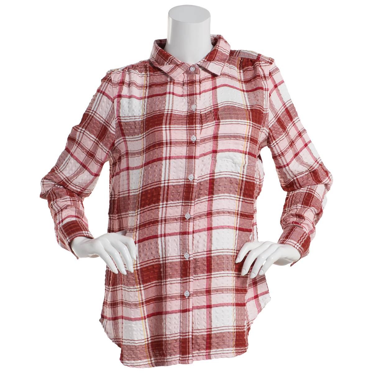 Womens Da-sh Plaid Wine Roll Tab Crinkle Casual Button Down