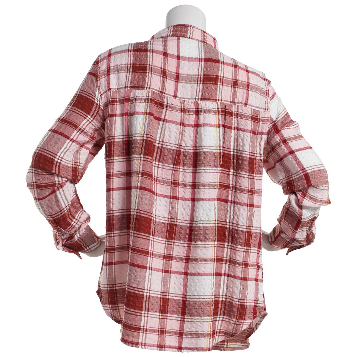 Womens Da-sh Plaid Wine Roll Tab Crinkle Casual Button Down