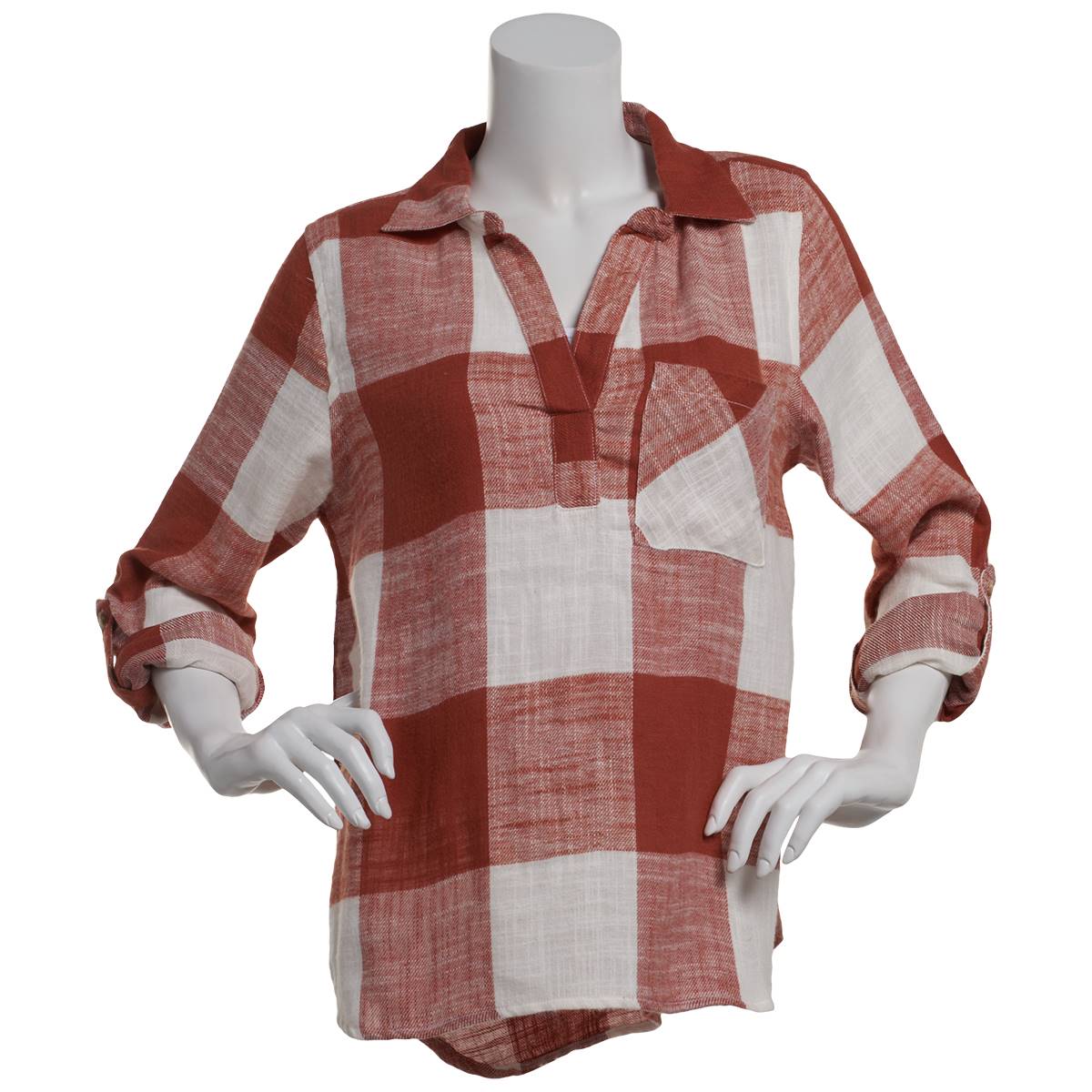 Womens Da-sh 3/4 Roll Tab Sleeve Plaid Patch Pocket Blouse