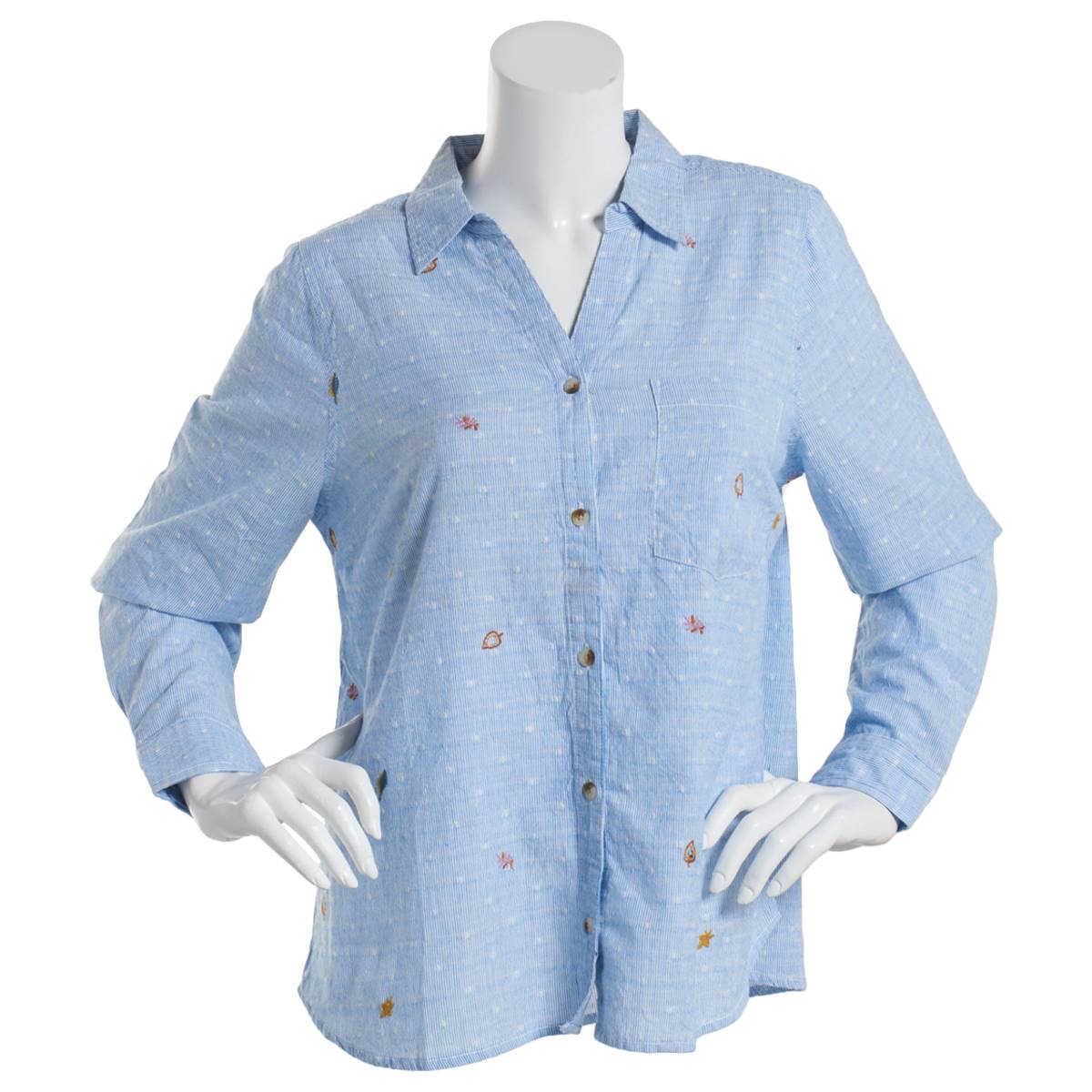 Petite Erika Leaf Embroidered Casual Button Down
